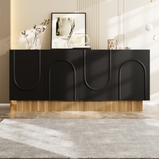 Sideboard Schwarz Holzoptik, modernes mattes Aufbewahrungsboard mit U-Relief, 4-Tür Kommode für Wohnzimmer & Esszimmer