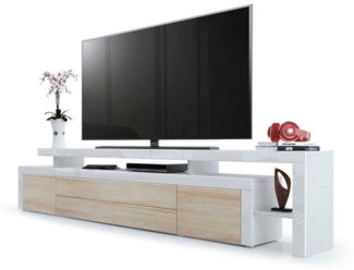 Vladon Lowboard Leon (TV-Kommode, mit zwei Türen, zwei Schubkästen und einem modernen Überbau), Weiß matt/Eiche sägerau/Weiß Hochglanz (227 x 52 x 35 cm)