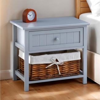 IDIMEX Nachtkommode AKURE, Nachttisch mit Schublade und Weidenkorb aus Holz Landhausstil Grau