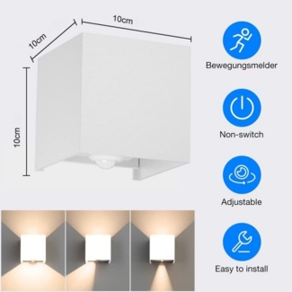 PRIISF Wandleuchte 12W Metall LED Modern Wandlampe Auf und ab Einstellbarer Lichtstrahl, 1ER, LED fest integriert, Außen/Innen Lampen, Warmweiß, IP65 Wasserdicht, Quadrat Wandleuchte Aluminium mit Bewegungsmelder Licht