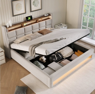 HAUSS SPOLE Polsterbett 180x200 cm mit USB, LED Doppelbett mit Lattenrost, Leinen Beige