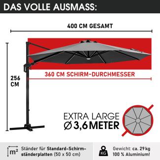 BRAST Alu Sonnenschirm Ampelschirm Ø360cm Grau + LEDs Windsicherung & Schützhülle UV-Schutz 80+ wasserabweisend mit Kurbelvorrichtung drehbar schwenkbar & höhenverstellbar