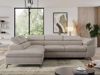 Ecksofa mit Bettfunktion, Modern Sofa, L-form, Einstellbare Kopfstützen, Bettkasten, PEDRO, 1x Ecksofa, 1x Topper, Beige, Mikrofaser, links