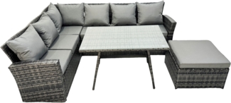 Fimous 7 Sitzer Hoher Rücken Rattan Gartenmöbel-Set Ecksofa mit Länglicher Esstisch Hocker