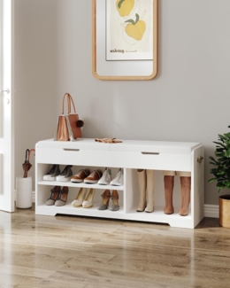 Schuhbank, Schuhregal mit 2 gepolsterten Regalbänken, multifunktional, für Wohnzimmer, Flur, Schlafzimmer, 150 kg, 30 x 105 x 48 cm, weiß