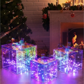Elegear LED Dekolicht LED Geschenkbox 3er Set bunt – PET-Material, 140 kaltweiße LEDs, LED wechselbar, Kaltweiß, 8 Lichtmodi & Timer, Netzbetrieb, Weihnachtsdekoration für Innen