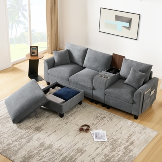 Ecksofa L-Form, umwandelbares Sofa mit Konsole Becherhaltern USB Ladeanschlüssen Armlehnen-Aufbewahrungstasche und Kissen für kleine Räume, Cordstoff, ,
