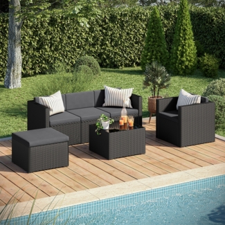 STEELSØN 'Zethora' Polyrattan 4er-Gartenlounge, Sitzgruppe aus Sofa, Sessel, Hocker und Tisch, schwarz/anthrazit, wetterfest, für 5 Personen