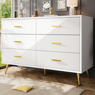 Flieks Kommode mit 6 Schubladen (B120/T40/H75 cm, 1 St, Schrank für Schlafzimmer, Wohnzimmer, Esszimmer), Sideboards Mehrzweckschrank Holz Weiß, Metallgriffe und Metallbeine