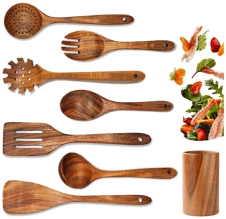 REDOM Kochbesteck-Set Holz Küchenutensilien Set Mit Loch Salatgabel Holzspatel (Holzutensilien Holz Kochset Antihaft Hitzebeständig mit Utensilienhalter, 8-tlg, Hitzebeständig Antihaftfreundlich Pflegeleicht), Ideal für kochen backen Geschenk