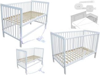 Micoland Kinderbett - Beistellbett - Babybett 120x60 cm umbaubares Bett mit Gurt und Rädern (Weiss)