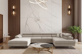 Wohnlandschaft Schlafsofa Sofa CARMELO in Stoff Nova Hellgrau Ottomane Links