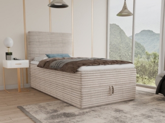 Boxspringbett Mollo Mini mit Bettkasten und Matratzentopper - Einzelbett mit Bonell-Matratze und Topper, Polsterbett in weichem Cordstoff, Bett, Schlafzimmer (Beige (Tilia 03), 100 x 200 cm)