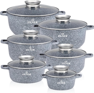 Zilner Topf-Set Töpfe in einer schönen modischen grauen Farbe in 6 Größen, Aluminiumguss, Aluminium, Edelstahl, Keramik (Multifunktional, geeignet zum Kochen, Braten und Backen! 1.7L / 2.3L / 3.2L / 4.5L / 5.6L / 6.8L, 12-tlg, Es ist eine perfekte Gesc...