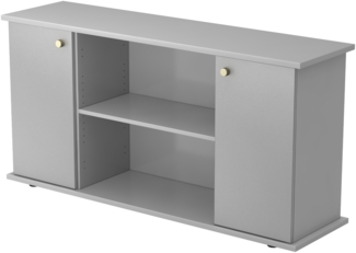 bümö Sideboard Grau/Silber mit Flügeltüren & Regal - Büromöbel Sideboard Holz 166cm breit, 45cm schmal, Büro Schrank für Flur oder als Wohnzimmer-Kommode mit Streifengriff, SB2T-5-S-SG