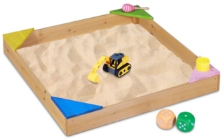 Relaxdays Sandkasten mit Ecksitzen, Tannenholz natur, 90 x 90 x 11,5 cm
