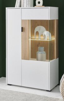Furn. Design Standvitrine Merced (Highboard in weiß mit Eiche, 75 x 125 cm) Soft-Close