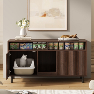 Merax Katzentoiletten-Schrank/Katzenstreuwanne-Schrank mit Sandauffangmatte, Haustier-Schrank mit Ablage, Haustier-Sideboard/TV-Schrank, ohne Katzenstreuwanne, Nussbaumfarbe