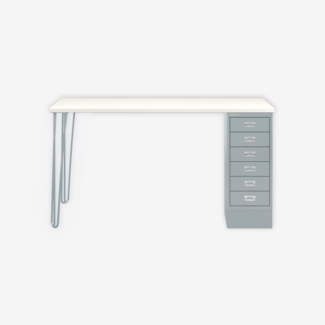 MultiDesk, 2 Eichenfüße, 1 MultiDrawer mit 6 Schüben, Dekor Weiß, Farbe Lichtgrau, Maße: H 740 x B 1400 x T 600 mm