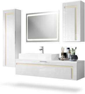 Badmöbel Komplettset Aloha, Korpus in Weiß matt / Fronten in Weiß Hochglanz mit Absetzungen in Creme Hochglanz, mit Aufsatzwaschbecken, Armatur (M1) und LED Spiegel