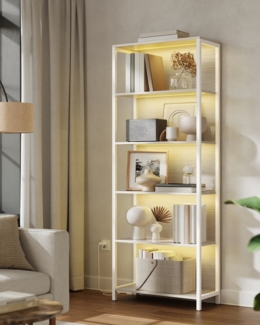 VASAGLE Bücherregal mit 6 Ebenen, Standregal mit einstellbarer LED-Beleuchtung, Regal mit Stahlrahmen, 30,3 x 60 x 178,6 cm, für Wohnzimmer, Schlafzimmer, Arbeitszimmer, naturbeige