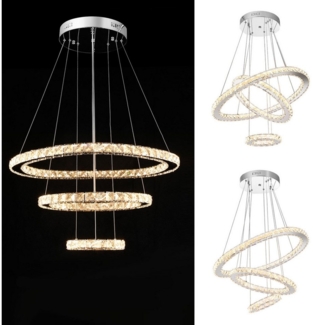LETGOSPT Deckenleuchte Moderne Drei Ringe LED Deckenlampe, Kristall Pendelleuchte 60+40+20 cm, Warmweiß, Naturweiß, Kaltweiß, Höhenverstellbar Kronleuchter Lampe, Dimmbar mit Fernbedienung