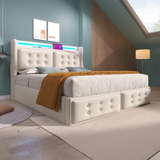 Polsterbett 160x200 cm aus Baumwoll-Leinen mit Stauraum, LED-Beleuchtung und USB- und Type-C-Ladefunktion