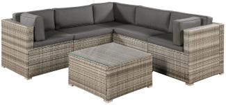 Juskys 'Nassau' Gartenmöbel Set mit Ecksofa, Tisch & Auflagen, Polyrattan, für 5 Personen, Beige-Grau, 210 x 210 cm