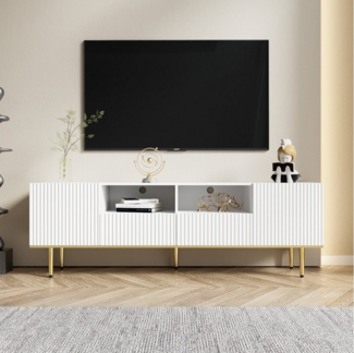 MODFU Lowboard TV-Schrank (TV-Möbel, 2Einlegeböden, 2 Fächern, 2 Schubladen), mit goldenen Füßen und goldenem Rand