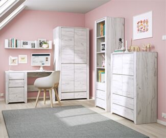 Jugendzimmer Set 5-teilig AMANTEA-129 mit Schreibtisch in weiß Eiche