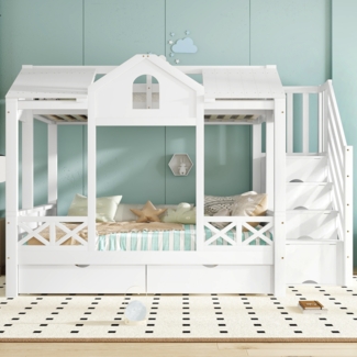 Merax Etagenbett, 90 x 200cm & 140 x 200cm Kinderbett, Hochbett Zwei Schubladen mit Rollen, Schöne Fenster und Dach, Treppenhausschrank mit 4 Staufächern, Weiß
