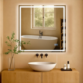 CLP Badspiegel Jaffrey Anti-Beschlag Quer- und Hochformat LED dimmbar 3 Licht-Modi,80x80 cm