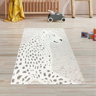 TeppichHome24 Kinderteppich Weicher Kinderzimmer-Teppich mit 3d Leoparden muster in creme grau, rechteckig