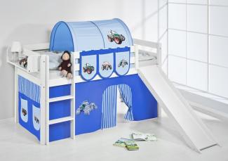 Lilokids 'Jelle' Spielbett 90 x 200 cm, Trecker Blau, Kiefer massiv, mit Rutsche und Vorhang