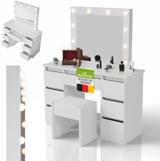 Juskys Schminktisch Talea und Hocker Melly mit LED-Spiegel & 7 Schubladen, stufenlos dimmbar, 3 Farbtemperaturen, Stauraum, elegantes Design – Weiß