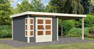 Gartenhaus Kastorf 6 - 274x274 cm plus Anbaudach 3,20m mit Wänden, 28 mm Holz terragau, Karibu