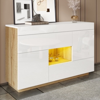 Sideboard, Hochglanz-Vitrine mit farbwechselnder LED-Beleuchtung und Schubladen, MDF + Glas, Weiß