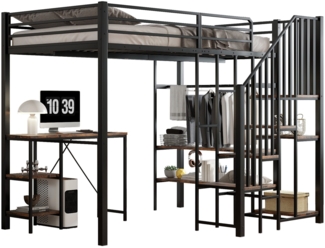 Hochbett mit Schreibtisch, Lattenrost, Regal, Treppe und Rausfallschutz, 120x200 cm, Metallbett, Jugendbett, Kinderbett