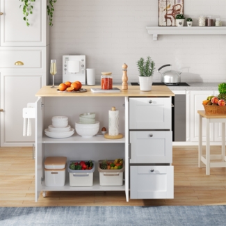 Merax 135cm Großer mobiler Küchentisch, Arbeitsplatte aus Eichenholz, klappbares Design, multifunktionaler Schrank, mit 3 Schubladen & Handtuchhalter, Weiß+Natur
