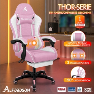 ALFORDSON Bürostuhl Gaming-Stuhl, Massage-Gaming-Stuhl, Ergonomischer Gamer-Stuhl, mit Fußstütze, Kopfstütze, Massage-Lendenkissen, Gepolstert, Rosa