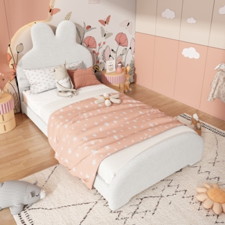 Merax Kinderbett Polsterbett 90x200cm mit hasenohrenförmigem Kopfteil, Jugendbett Einzelbett mit Lattenrost, Klassisches Bett Kinderbett, Vliesimitat, Weiß