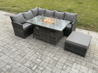 Fimous 7 Sitzer Rattan Gartenmöbel-Sets Hoher Rücken Ecksofa Gas Feuertisch Set mit Großer Fußhocker Dunkelgrau gemischt