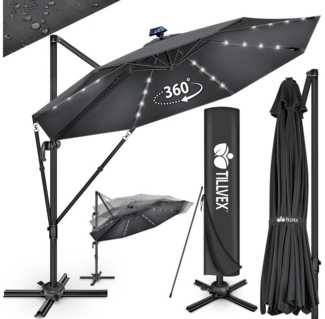 tillvex® Premium Alu Sonnenschirm 330 cm Anthrazit + Abdeckung & Windsicherung | Ampelschirm 6-Fach Verstellbar mit Kurbel | Gartenschirm 360° Drehbar Neigbar Kippbar | Kurbelschirm UV50+ Groß wasserdicht