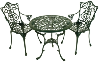 TPFGarden Sitzgruppe BOULDER, (Bistroset - Jugendstil - Gartenmöbel Set 3-teilig, 3-tlg, Sitzgruppe Aluguss antik dunkelgrün), (2x Sessel mit Armlehnen, 1x Tisch 70cm rund)