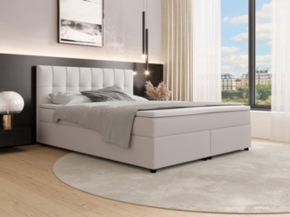 Vente-unique - Boxspringbett mit gestepptem Kopfteil + Lattenroste + Matratzen + Topper - 180 x 200 cm - Stoff - Hellgrau - SIERO II von YSMÉE