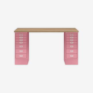 MultiDesk, 2 MultiDrawer mit 8 Schüben, Dekor natürliche Eiche, Farbe Pink, Maße: H 740 x B 1400 x T 600 mm