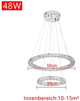 FIVMEN LED Deckenleuchte Pendelleuchten 48W/72W/96W Hängelampe Kronleuchter Dimmbar, LED fest integriert, Kristall Hängeleuchte 2 Ringe/3 Ringe