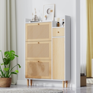 Kommode 90x17x125 cm, MDF mit Rattan‑Optik, 3 Klappen & 1 Schublade, Natur/Weiß