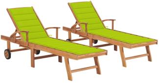 vidaXL Sonnenliegen 2 Stk. mit Auflagen Hellgrün Massivholz Teak 3073197