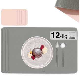 SÄNGER rechteckige Tischsets & Untersetzer aus Kunstleder 12 teilig für 6 Personen, Rosa + Grau